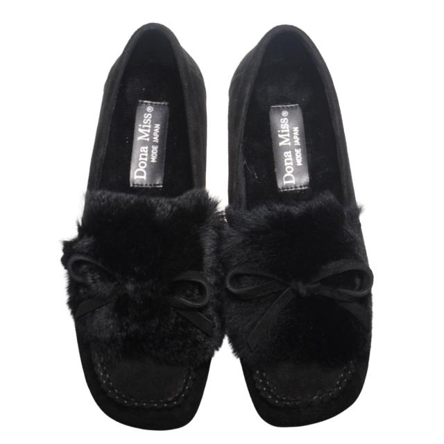 【靴のHOSHIKAWA】  『Dona Miss 1991-8』 ドナミス モカシン 22cm〜24.5cm レディース ブラック ラビットファー カジュアル レザーシューズ スクエアトゥ フラット  国産 天然皮革 秋冬