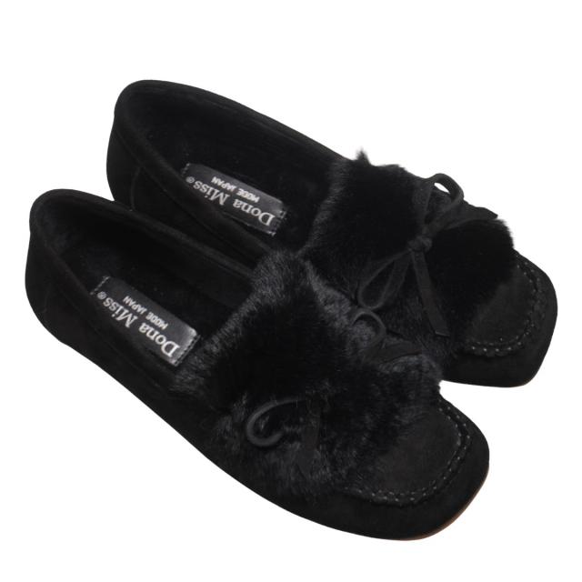【靴のHOSHIKAWA】  『Dona Miss 1991-8』 ドナミス モカシン 22cm〜24.5cm レディース ブラック ラビットファー カジュアル レザーシューズ スクエアトゥ フラット  国産 天然皮革 秋冬