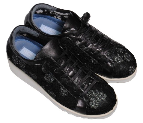 【靴のHOSHIKAWA】  『hatchi 2427』 ハッチ レザースニーカー 21.5cm〜24.5cm EEEE チュールレース 花柄 レディース ブラック 本革 国産 春夏