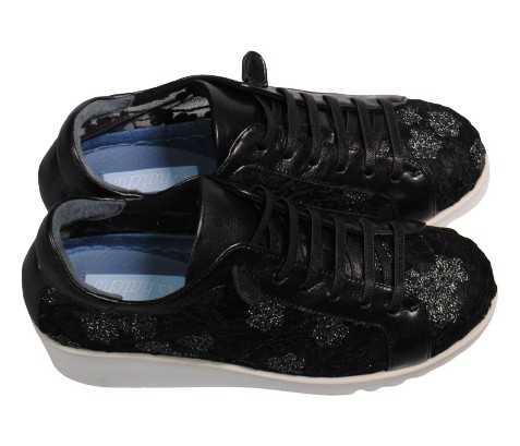 【靴のHOSHIKAWA】  『hatchi 2427』 ハッチ レザースニーカー 21.5cm〜24.5cm EEEE チュールレース 花柄 レディース ブラック 本革 国産 春夏