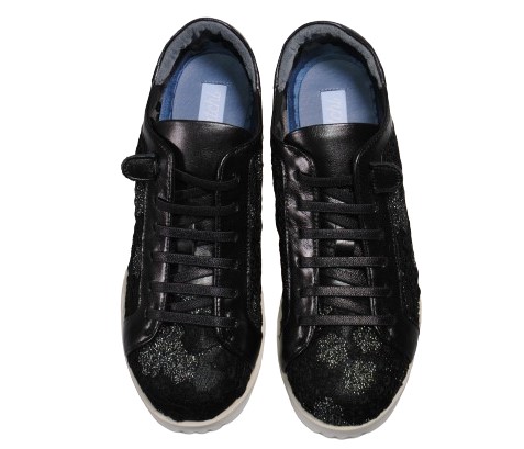 【靴のHOSHIKAWA】  『hatchi 2427』 ハッチ レザースニーカー 21.5cm〜24.5cm EEEE チュールレース 花柄 レディース ブラック 本革 国産 春夏