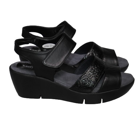 【靴のHOSHIKAWA】  『Dona Miss 3760』 ドナミス バックバンドサンダル 21.5cm〜24.5cm EEE ブラック レディース ウェッジヒール マジックテープ 国産 本革 春夏