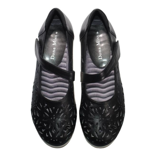 【靴のHOSHIKAWA】  『Dona Miss 423』 ドナミス ウェッジソールパンプス 21.5cm〜24.5cm EEEE ブラック レディース ウェッジヒール ベルクロ 幅広 牛革 国産