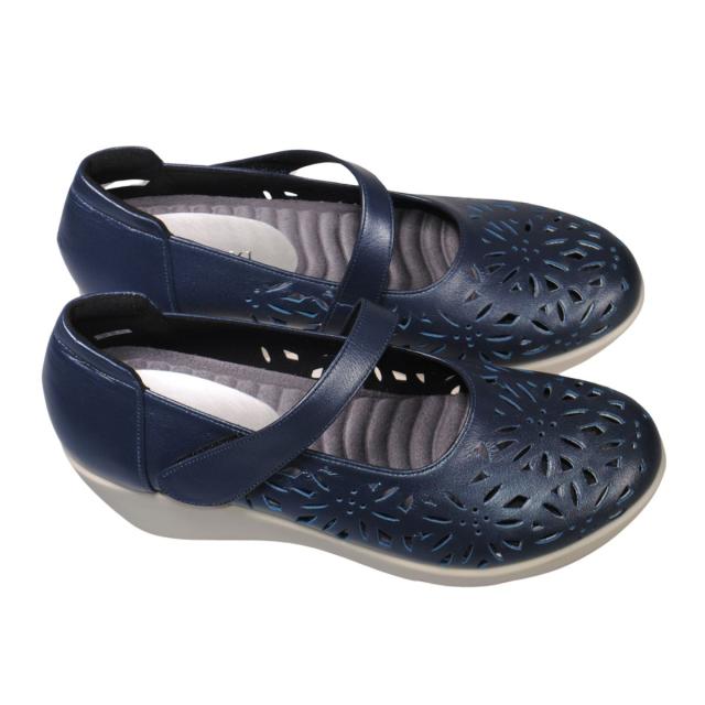 【靴のHOSHIKAWA】  『Dona Miss 423』 ドナミス ウェッジソールパンプス 21.5cm〜24.5cm EEEE ネイビーM レディース ウェッジヒール ベルクロ 幅広 牛革 国産