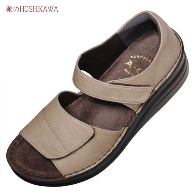 【靴のHOSHIKAWA】  『A-OK 42341』 エーオーケー サンダル S〜2L レディース オープントゥ オークベージュ コンフォ—ト マジックテープ 日本製 牛革