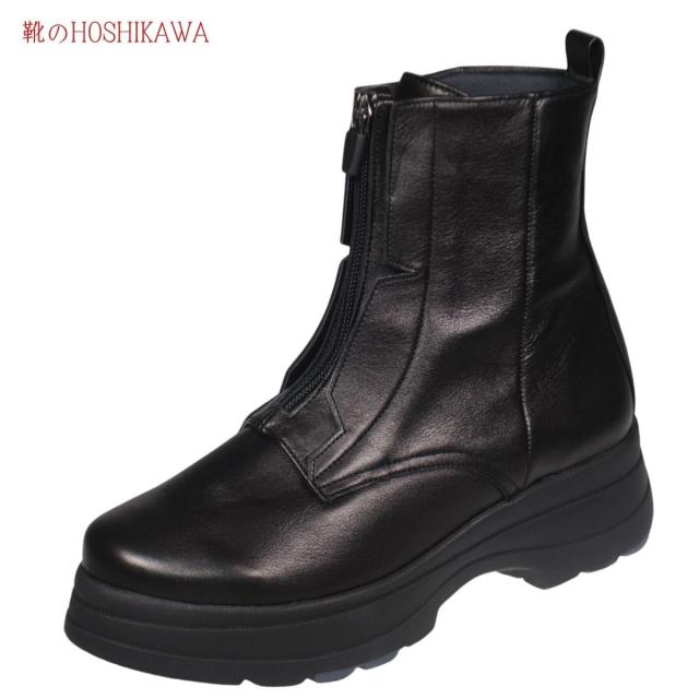 【靴のHOSHIKAWA】 『Dona Miss 6378』 ドナミス ショートブーツ 22.5cm〜24.5cm EEEE ブラック レディース センターファスナー 厚底 幅広 防寒 牛革 国産