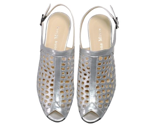 【靴のHOSHIKAWA】  『Dona Miss 6463』 ドナミス パックベルトサンダル 21.5cm〜24.5cm EEE シルバー パンチング オープントゥ ヒール 日本製 本革 春夏