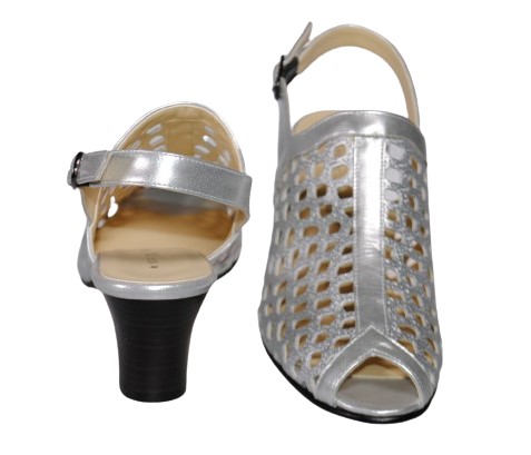 【靴のHOSHIKAWA】  『Dona Miss 6463』 ドナミス パックベルトサンダル 21.5cm〜24.5cm EEE シルバー パンチング オープントゥ ヒール 日本製 本革 春夏