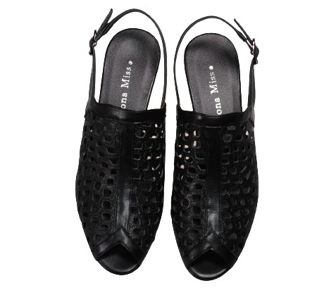 【靴のHOSHIKAWA】  『Dona Miss 6463』 ドナミス パックベルトサンダル 21.5cm〜24.5cm EEE ブラック パンチング オープントゥ ヒール 日本製 本革 春夏