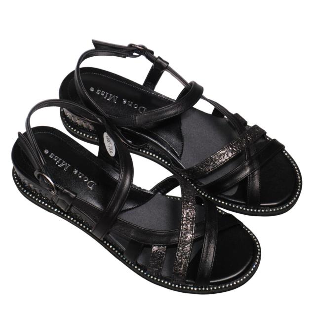 【靴のHOSHIKAWA】  『Dona Miss 6907』 ドナミス サンダル 22.5cm〜24.5cm EEE  レディース ブラック クリスタルヒール バックベルト ストラップ 国産 厚底 本革 春夏