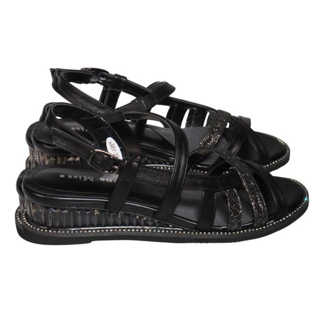 【靴のHOSHIKAWA】  『Dona Miss 6907』 ドナミス サンダル 22.5cm〜24.5cm EEE  レディース ブラック クリスタルヒール バックベルト ストラップ 国産 厚底 本革 春夏