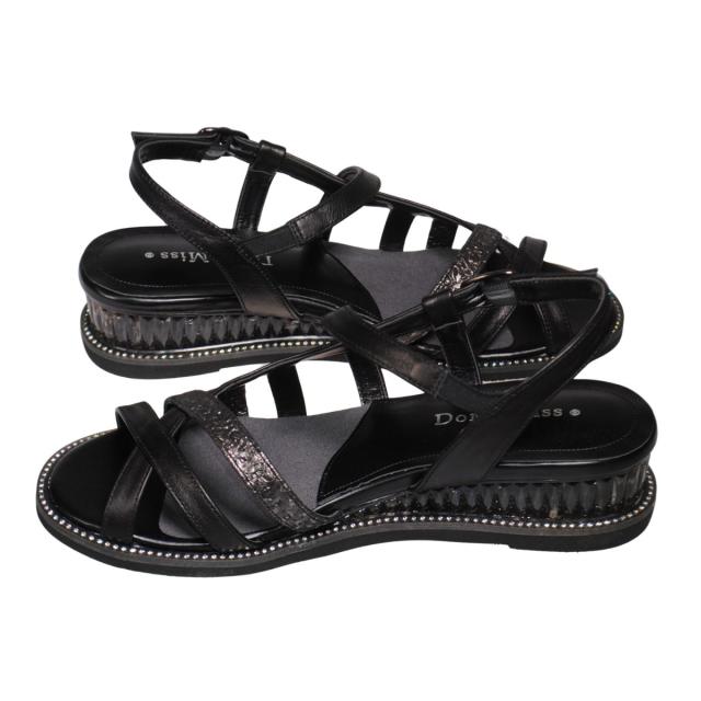 【靴のHOSHIKAWA】  『Dona Miss 6907』 ドナミス サンダル 22.5cm〜24.5cm EEE  レディース ブラック クリスタルヒール バックベルト ストラップ 国産 厚底 本革 春夏