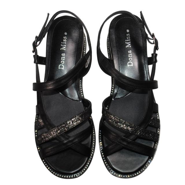 【靴のHOSHIKAWA】  『Dona Miss 6907』 ドナミス サンダル 22.5cm〜24.5cm EEE  レディース ブラック クリスタルヒール バックベルト ストラップ 国産 厚底 本革 春夏
