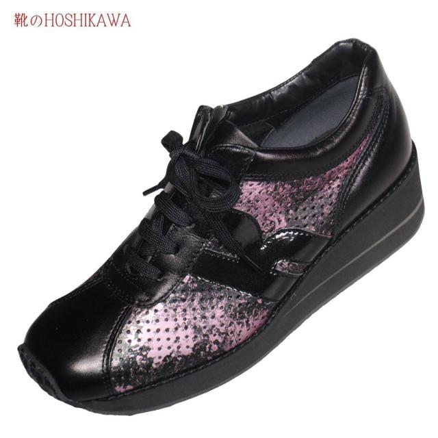 【靴のHOSHIKAWA】  『VITA NOVA 6967』 ヴィタノバ コンフォートシューズ 21.5cm〜24.5cm EEE レザーシューズ レディース ブラックピンク レースアップ 牛革 ファスナー 牛革 厚底