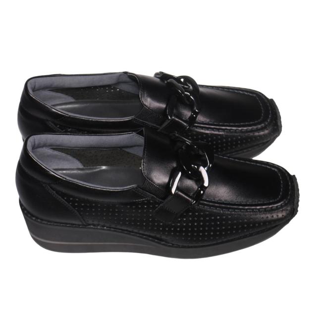 【靴のHOSHIKAWA】  『VITA NOVA 6975』 ヴィタノバ スリッポン 21.5cm〜24.5cm EEE レザーシューズ レディース ブラック ローファー ウェッジソール チェーン スクエアトゥ 牛革 厚底