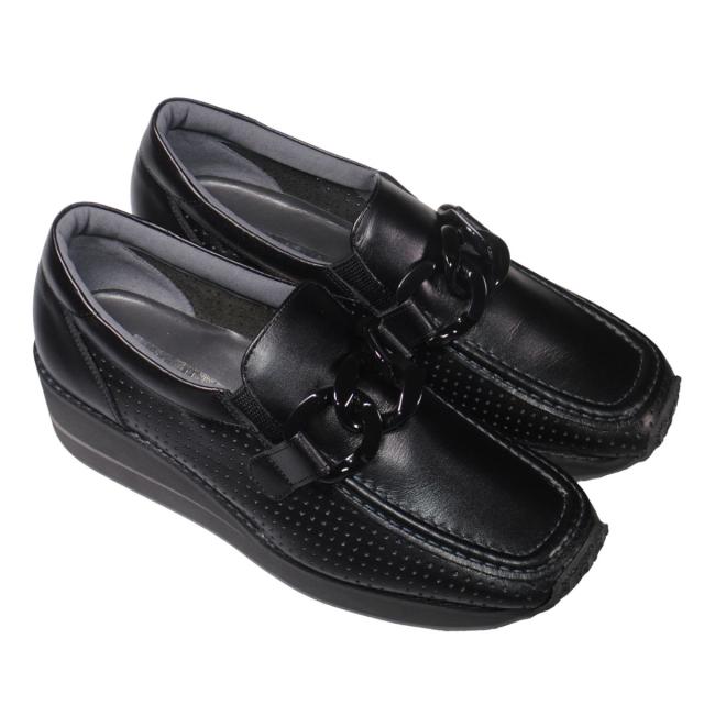 【靴のHOSHIKAWA】  『VITA NOVA 6975』 ヴィタノバ スリッポン 21.5cm〜24.5cm EEE レザーシューズ レディース ブラック ローファー ウェッジソール チェーン スクエアトゥ 牛革 厚底