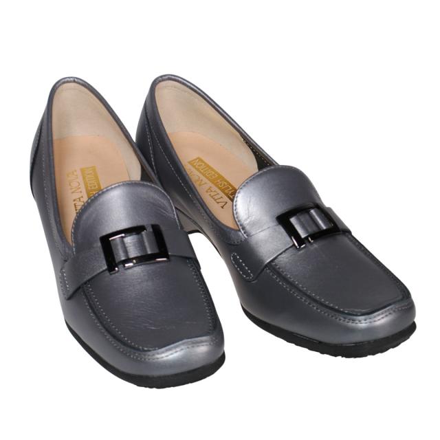 【靴のHOSHIKAWA】  『VITA NOVA 9912』 ヴィタノバ ローファー 21.5cm〜24.5cm レディース ガンメタリック スクエアトゥ ローヒール 日本製 牛革