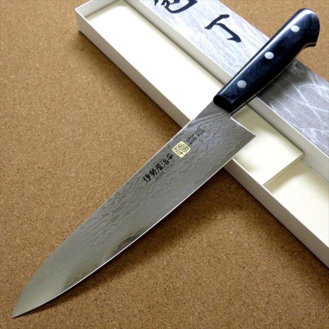 関の刃物 牛刀 21cm (210mm) 伊勢谷治平 V金10号 VG10 鍛錬 ニッケルダマスカス鋼 33層 黒パッカーハンドル 家庭用の洋包丁 精肉の仕分け 魚の処理 野菜切り パン切りなど様々な用途に使いやすい多種多様な両刃万能包丁 国産日本製の通販は