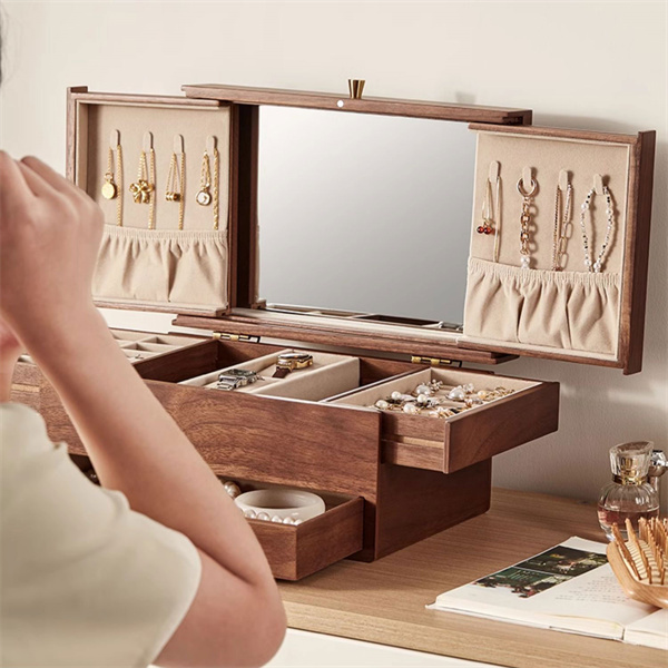 ジュエリーボックス 木製 大容量 3段 引き出し式 ミラー アクセサリー