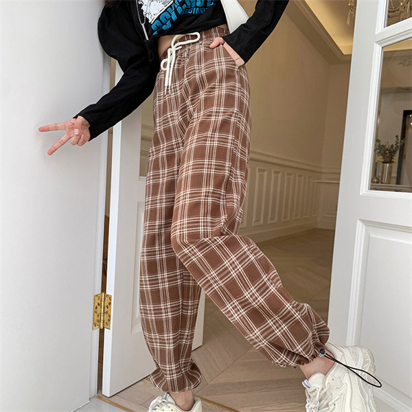 ワイドパンツ レディース チェック柄 ハイウエスト ストレート