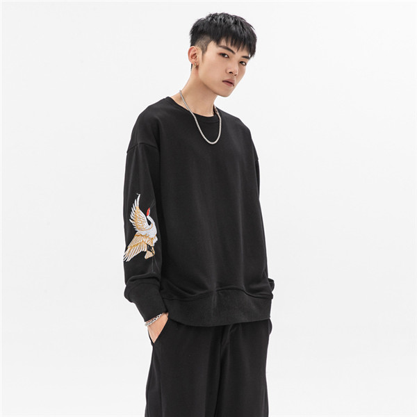 メンズ パーカー 和風 和柄 オーバーサイズ ブラック 黒 柄シャツ 鶴柄