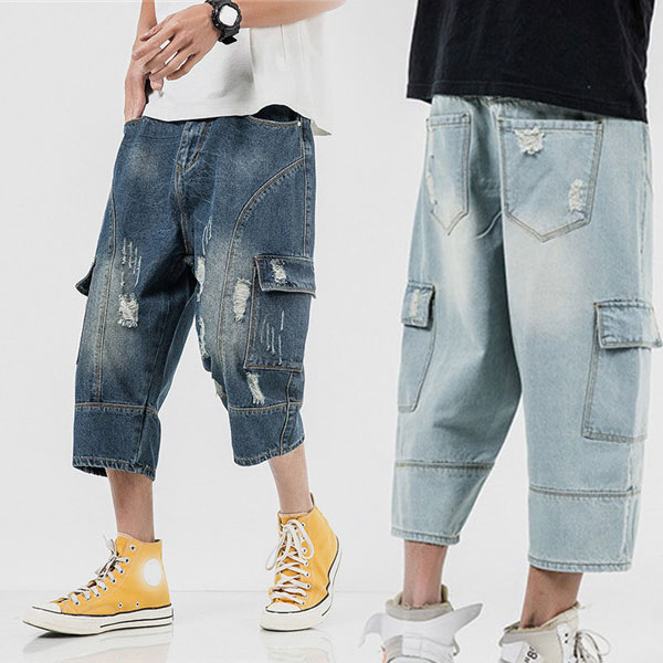 ポイント超超祭 デニム パンツ ダメージ加工 メンズ サルエルパンツ 7分丈 大きいサイズ クラッシュ ボトムス Gパン ジーンズ 半ズボン 膝丈 ハーフパンツ
