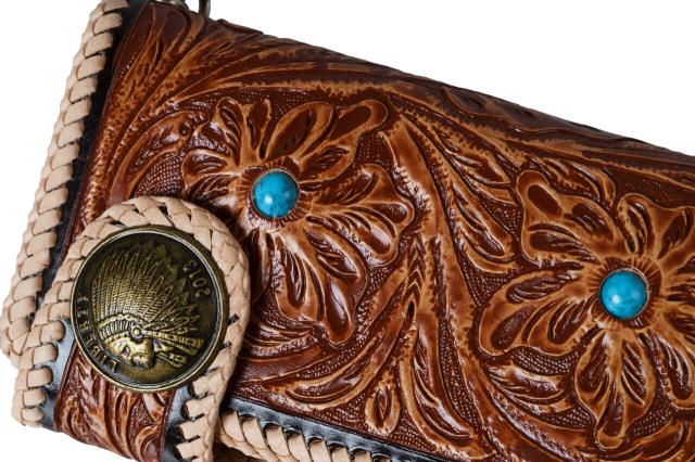 4点セット ハンドメイド バイカーズウォレット 牛革 カービング 長財布