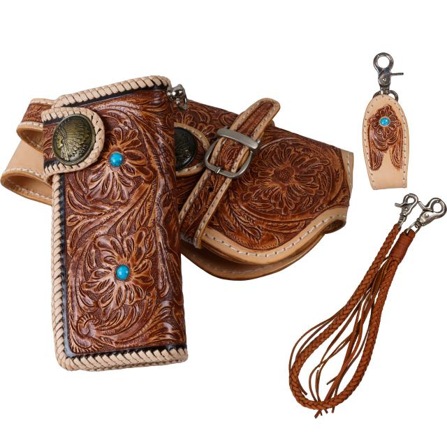 バイカーズウォレット　ウォレットチェーン付　本革　ハンドメイド 4点セット ハンドメイド バイカーズウォレット 牛革 カービング