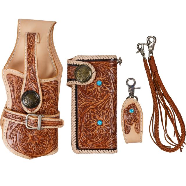 4点セット ハンドメイド バイカーズウォレット 牛革 カービング 長財布