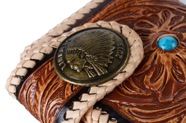 4点セット ハンドメイド バイカーズウォレット 牛革 カービング 長財布