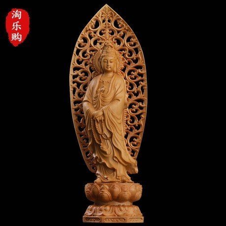 透かし背景 数珠 観音像 仏壇仏像 高級天然ツゲ木彫り 観音菩薩 立像 木彫り 仏像 置物 透かし彫り唐草光背 風水 置物 供養品 観音菩薩立像