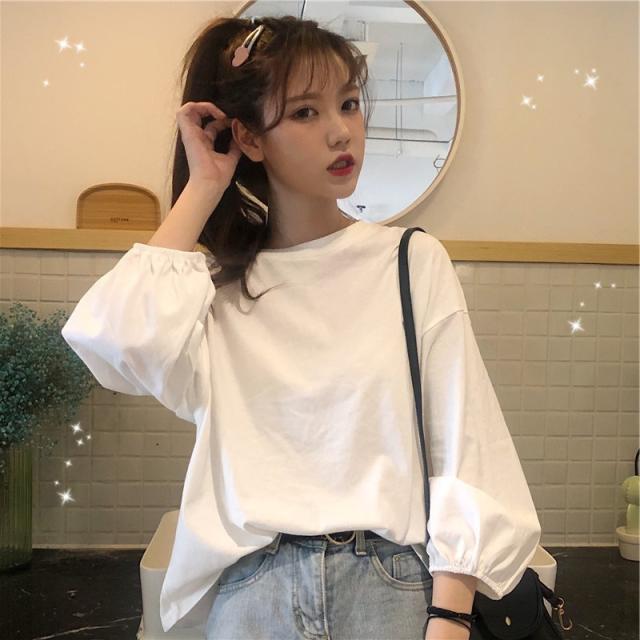 カットソー ロングTシャツ レディース ゆったり ラウンドカット トップス  クルーネック 長袖 ボリューム袖 やわらか 無地 上品 着痩せ カットソー ロングTシャツ レディース ゆったり ラウンドカット