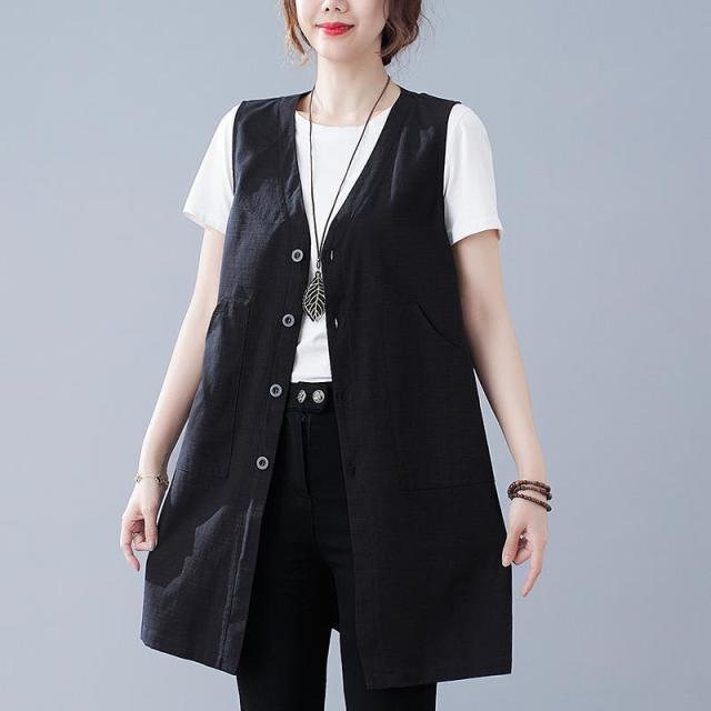 ロングベスト ジレ レディース 春夏 リネン Vネック トップス