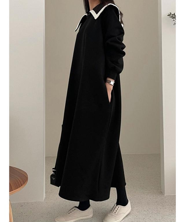 新作 裏起毛ビッグセーラーカラースウェットロングワンピース レディース 秋 冬 長袖 防寒 暖かい 極暖 ゆったり 大きめ 可愛い ビッグカラー スエット マキシ 体型カバー ストレート マタニティ 妊婦 楽ちん 新作 裏起毛ビッグセーラーカラースウェットロングワンピース