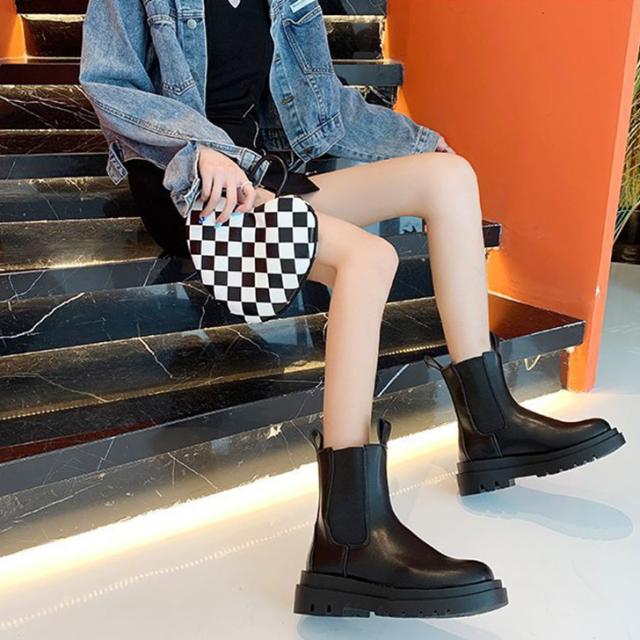 黒 サイドゴアブーツ 合成皮革 厚底 ブーツ レディース サイドゴア 黒