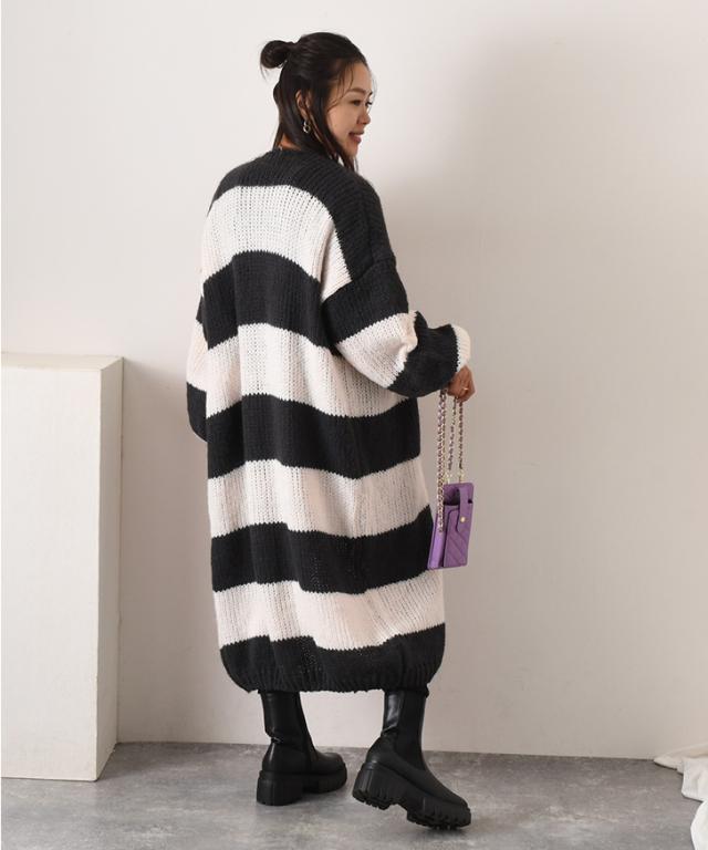 新作 ワイドボーダーローゲージニットロングカーディガン レディース