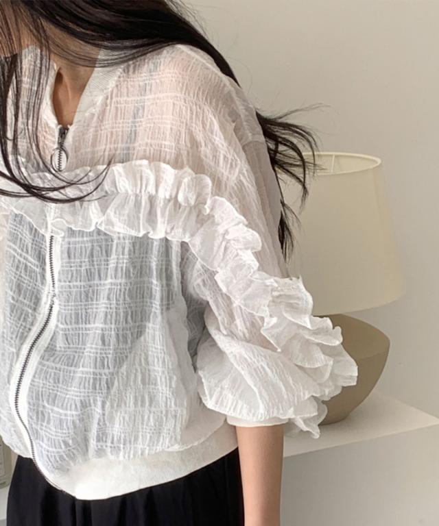 新作 フリルシアークリンクルジャケット レディース 夏 長袖 薄手