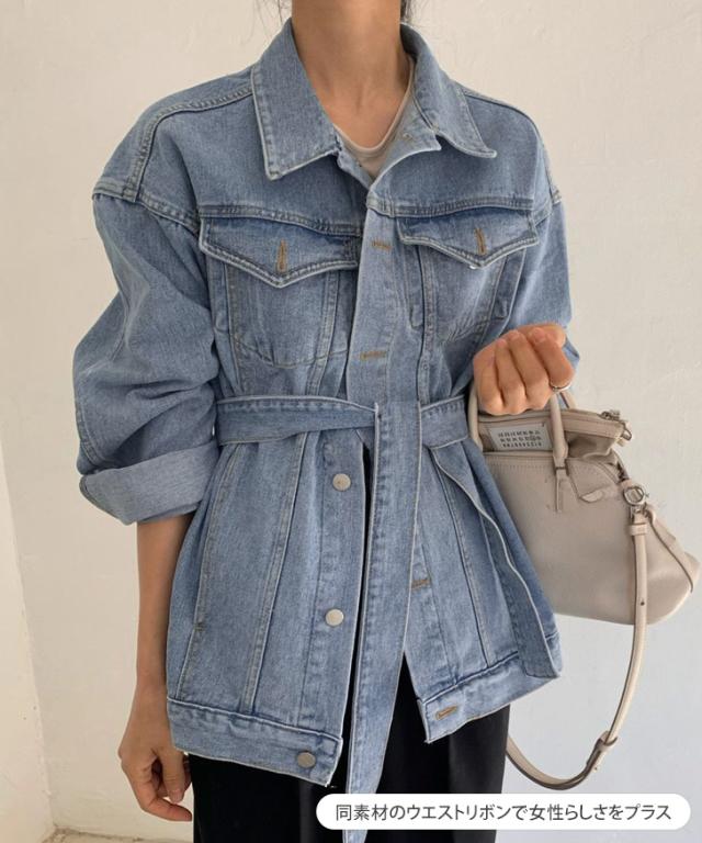 新作 リボン付きオーバーサイズデニムジャケット レディース アウター 羽織り 上着 ジージャン Gジャン 長袖 ロング丈 ビッグ 大きめ 大きいサイズ ゆったり 大人 定番 カジュアル きれいめ 可愛い 通年 古着風 新作 リボン付きオーバーサイズデニムジャケット レディース アウター