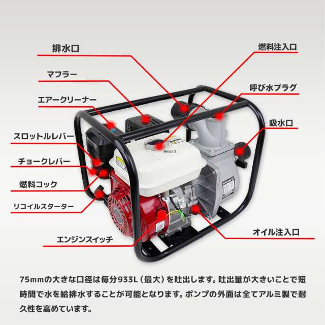 エンジン水ポンプ ポンプ 吸水ポンプ 自吸式ポンプ ハイデルスポンプ 水中ポンプ 4サイクル 196cc 6.5馬力 3.6Lタンク 灌水散水 給排水