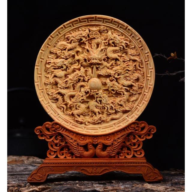 龍 鳳凰 鶴 菩薩 皿 極上彫り【お皿型龍神/鳳凰/鶴/菩薩彫り】台付き