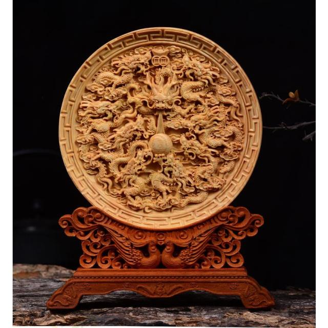 龍 鳳凰 鶴 菩薩 皿 極上彫り【お皿型龍神/鳳凰/鶴/菩薩彫り】台付き
