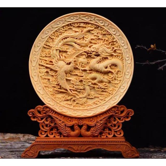 龍 鳳凰 鶴 菩薩 皿 極上彫り【お皿型龍神/鳳凰/鶴/菩薩彫り】台付き