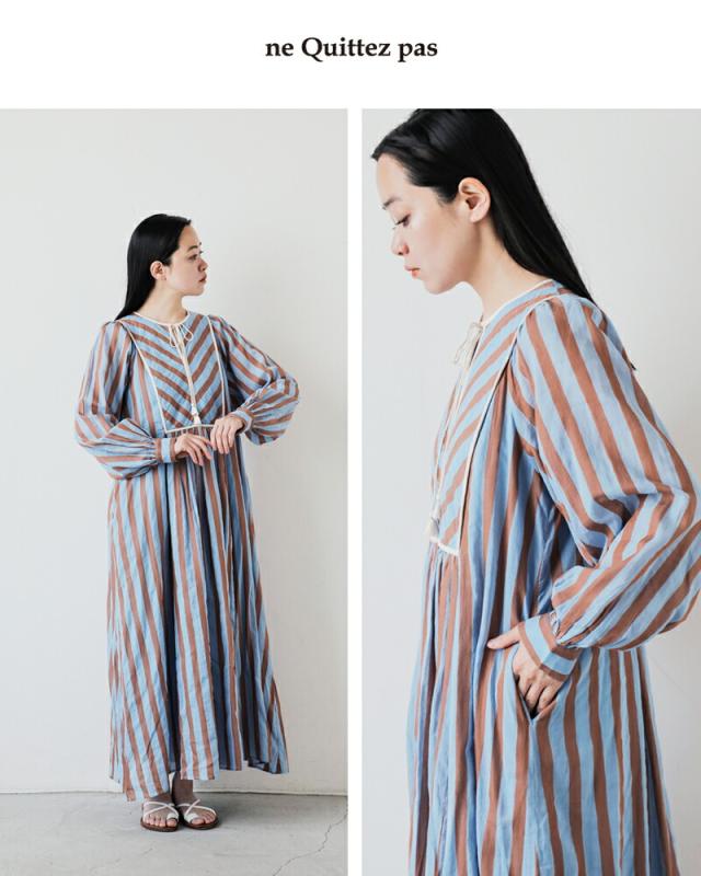 ne Quittez pas ヌキテパ コットンボイル ストライプ ギャザー ドレス ワンピース Cotton Voile Stripe Gather Dress 010441gr3 レディース 2026ss新作 春夏ロング丈 長袖 裏地付き 綿100% ポケット付き クーポン対象_9