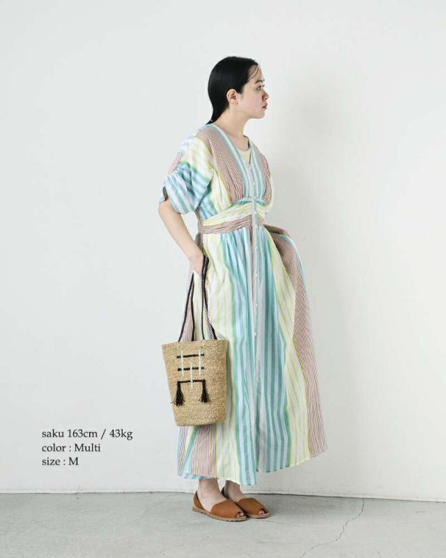コットンボイルウエストギャザードレス M ヌキテパロングワンピース Cotton Voile Stripe Waist Gather Dress | Pasand by ne