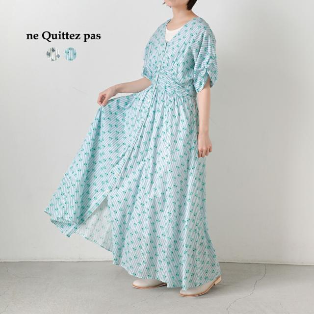 ne Quittez pas ヌキテパ  コットン ジャガードストライプ スモールフラワープリント ウエストギャザー ドレス Cotton Jacquard Stripe Small Flower Print Waist Gather Dress 010461wx1 レディース  春夏