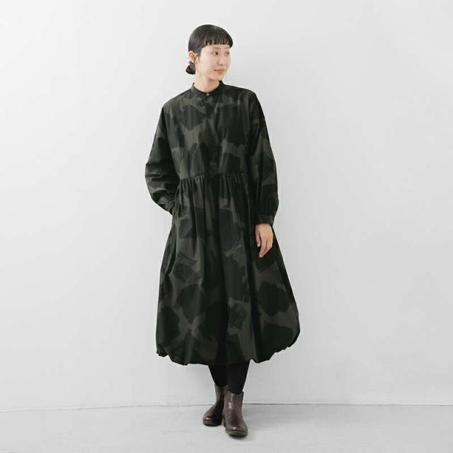 ハバーサック ワンピース HAVERSACK  コットン スクエア ブラッシュプリント バンドカラー ロング ワンピース 322521  ☆☆ クーポン対象