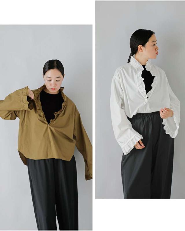 ロエフ ブラウス LOEFF コットンブロード フリル スキッパー シャツ