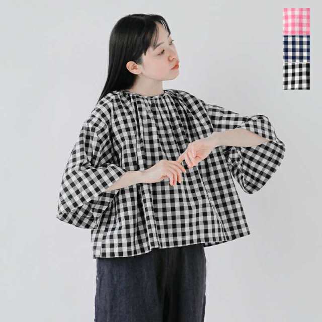 ガーゼ ブラウス Gauze# コットン ギンガム ベルスリーブ プルオーバー “GINGHAM BELL SLEEVE PULLOVER” g1055の通販は