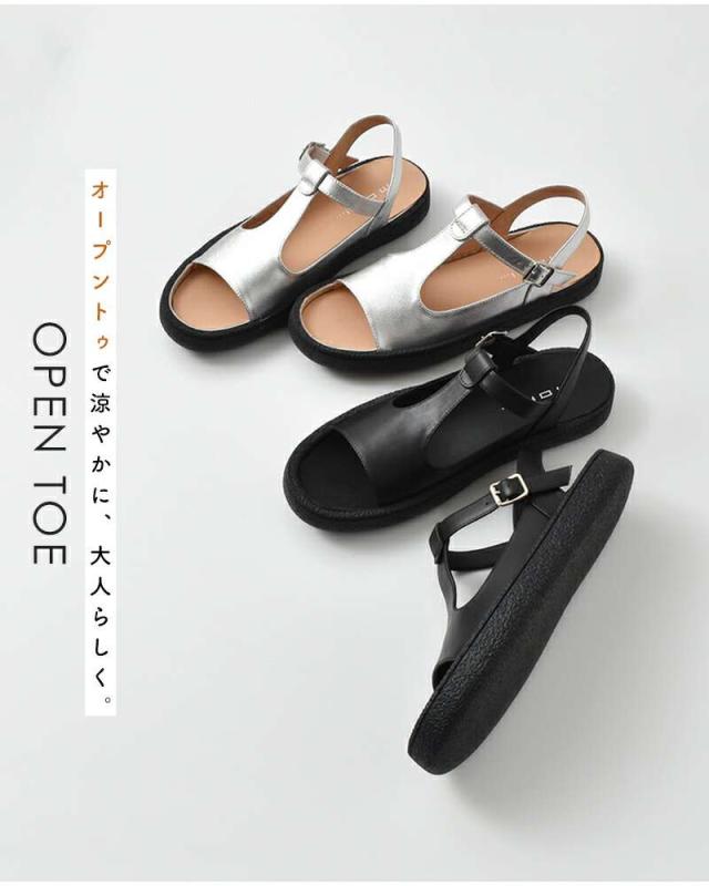 モヒ サンダル MOHI レザー Tストラップ オープントゥ フラット