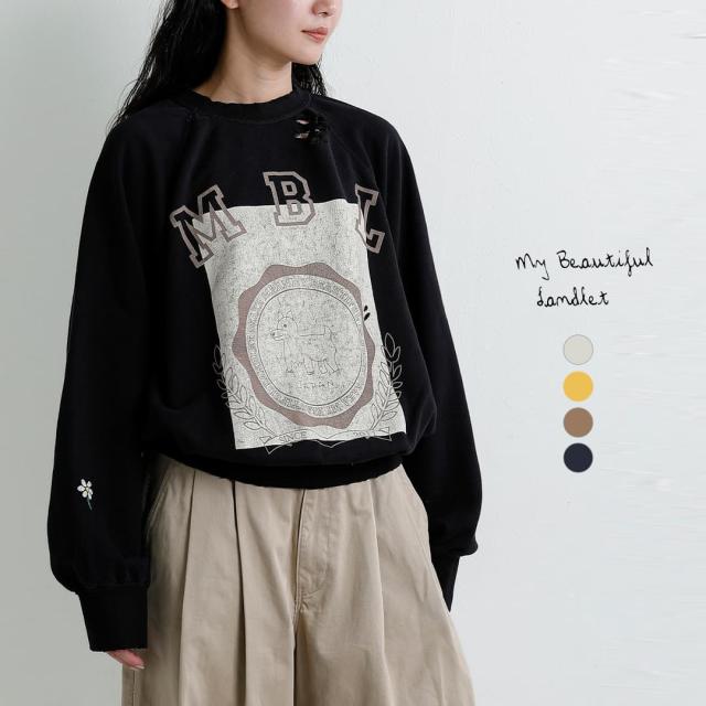 my beautiful landlet マイ ビューティフル ランドレット 裏毛 フロッキープリント 刺繍 ダメージ スウェットシャツ mbl-wd-swtp2-p レディース 2026aw新作 秋冬 クーポン対象